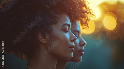 Silhouettes of two women with curly hair against a sunset background. Concept: calm and harmony, meditation and spiritual development, the power of female aura and energy