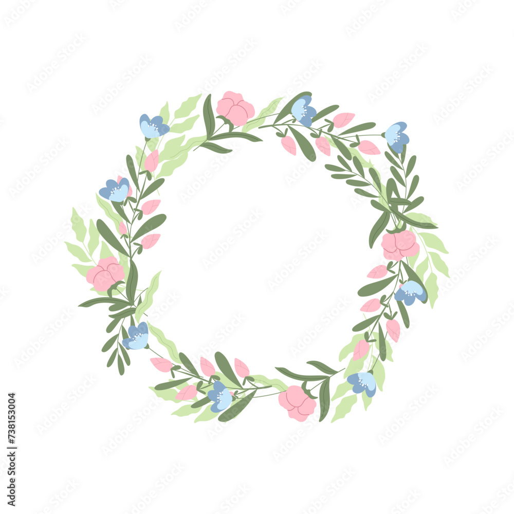 Cute floral wreath with handdrawn flowers. Vector round frame template.