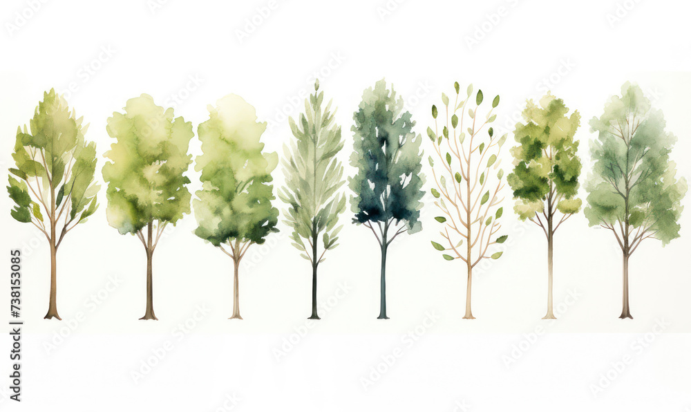 Obraz premium Nature's Serenade: A Watercolor Illustration of Oak and Maple Trees in a Lush Green Forest Grove, Embracing the Beauty of Autumn's Seasonal Symphony