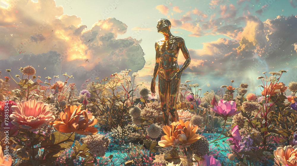 Person with brass skin stands amidst a surreal landscape filled with larger than life flowers creating an atmosphere of sheer wonder - obrazy, fototapety, plakaty 