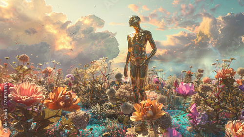 Person with brass skin stands amidst a surreal landscape filled with larger than life flowers creating an atmosphere of sheer wonder photo