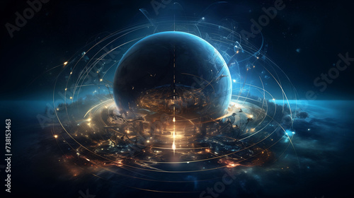 Digital artwork depicting an advanced global network with dynamic light trails and a central sphere symbolizing connectivity..