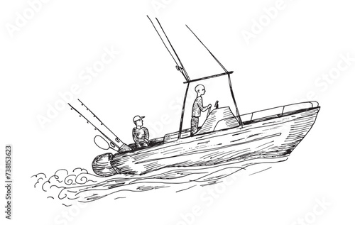 Fishing boat carries fisherman with fishing rods. Hand drawn black vector image.