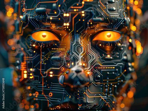 3D render that captures the essence of a circuit board and a human face merging together creating a visually striking composition