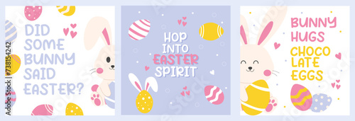 Cute handdrawn Easter cards with bunny, eggs and short funny phrases.