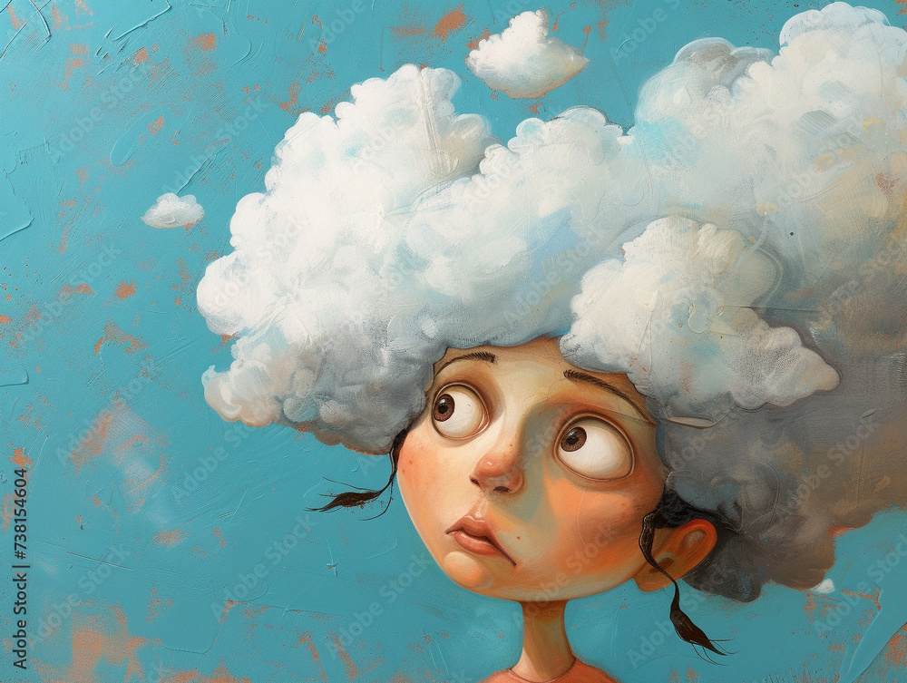 Whimsical girl with cloud on head expressing curiosity