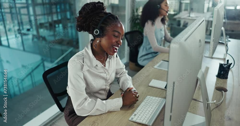 Happy, black woman and work in call center, office with technical support and communication to help with care. Contact us, online and talking with person in customer service and crm telemarketing Happy, black woman and work in call center, office with technical support and communication to help with care. Contact us, online and talking with person in customer service and crm telemarketing