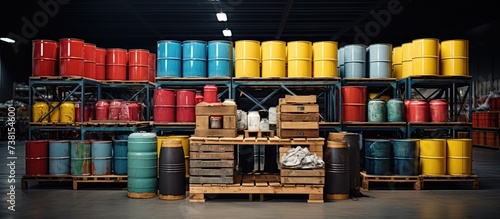 Warehouse shelves with barrels. Barrels on pallets. Chemical company warehouse. Metal barrel with chemical products