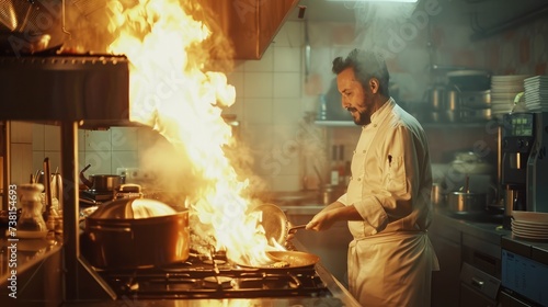 Chef in restaurant kitchen at stove with pan, doing flambe on food photo