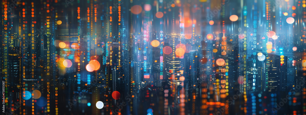 blurred view of a cityscape at night, showcasing the vibrant bokeh effect of city lights and possibly a digital stock market display. blurred view of a cityscape at night, showcasing the vibrant bokeh effect of city lights and possibly a digital stock market display.