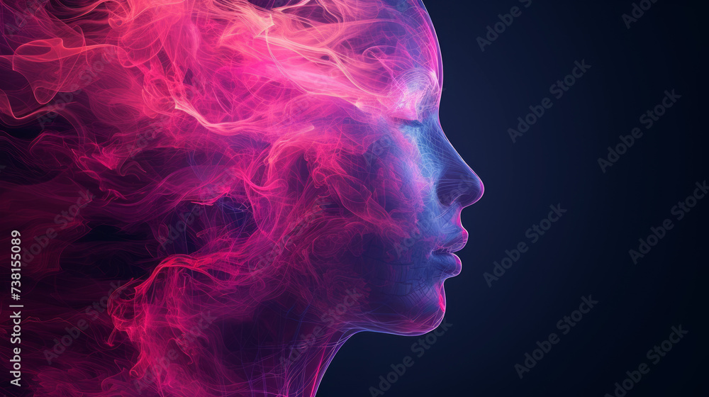 Abstract human head with various colors depicting abstract forms, in the style of light magenta Abstract human head with various colors depicting abstract forms, in the style of light magenta