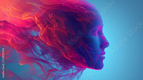 Abstract human head with various colors depicting abstract forms, in the style of light magenta