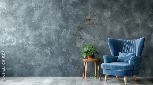 Interior with grey wall blue armchair and wood side table © buraratn