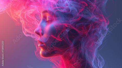 Abstract human head with various colors depicting abstract forms, in the style of light magenta #738155250
