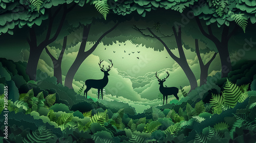 Paper cut art  Green forest and deers wildlife with nature background  ecology and environment conservation concept © Atchariya63