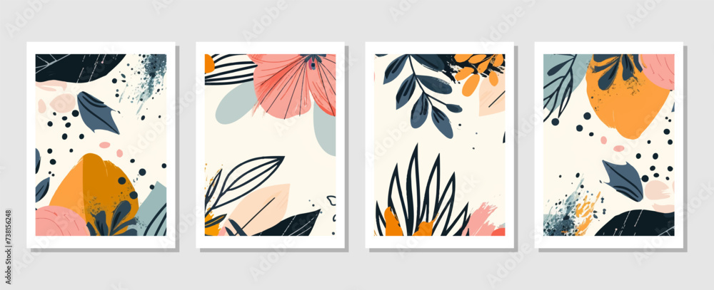 Obraz premium set of abstract vector backgrounds featuring tropical leaves. Hand-drawn textures suitable for wall decoration, postcard designs, or brochure covers.