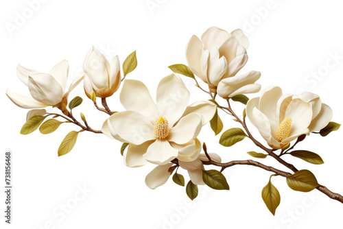 Branch With White Flowers and Green Leaves. A branch adorned with white flowers and green leaves captures the natural beauty of flora.