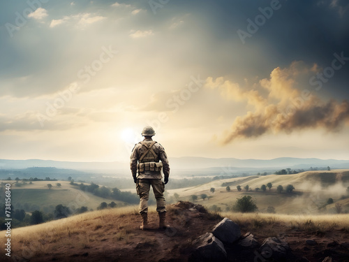 A soldier stands guard atop a hill overlooking a demolished battlefield, with a broad banner featuring world war concepts and a copyspace region design.