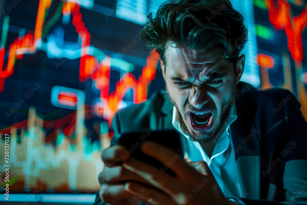 angry and sad investor or trader or businessman loss money from investing stock or currency market caused by not controlling risk angry and sad investor or trader or businessman loss money from investing stock or currency market caused by not controlling risk