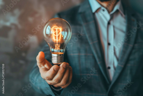 businessman with light bulb, brainstorming and sharing ideas in organizations and meetings photo