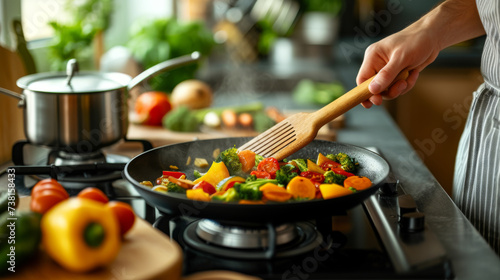 A person is cooking a stir fry with colorful vegetables in a wok on a stove, using a wooden spatula.