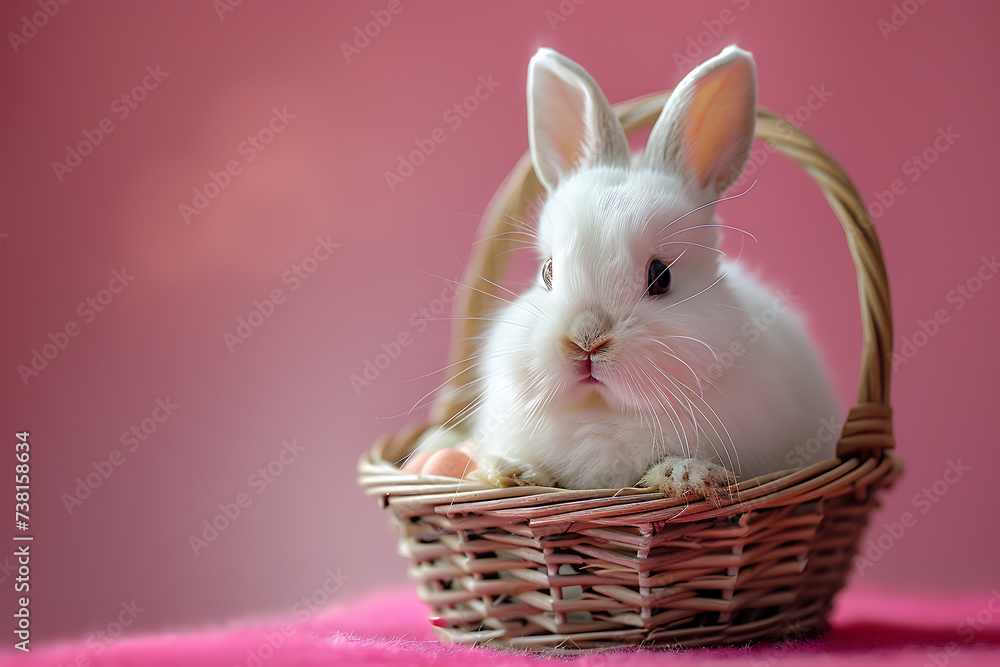 concept of easter, a white fluffy easter bunny sitting in a basket with colorful eggs on a silver background, slightly offset from the center, and empty space on the side
concept of easter, a white fluffy easter bunny sitting in a basket with colorful eggs on a silver background, slightly offset from the center, and empty space on the side