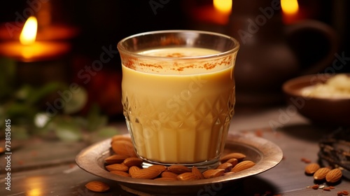 s serving of smoothie with almond and saffron from Kerala, India. North Indian traditional health beverage kheer flavored milk poured in a badam lassi with dried fruit Christmas Ramadan photo