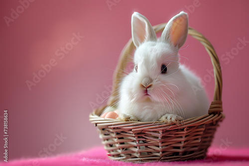 concept of easter, a white fluffy easter bunny sitting in a basket with colorful eggs on a silver background, slightly offset from the center, and empty space on the side   © Evhen Pylypchuk