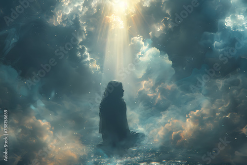 a man kneels and prays, hands folded and raised, and a ray of light falls from the sky 