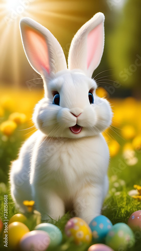 Cute happy white Easter bunny sitting in a forest clearing, next to painted Easter eggs