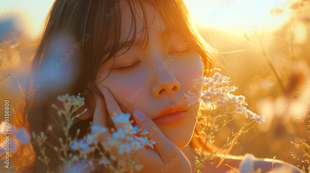 Fototapeta premium Love, golden light in field. Beautiful asian girl.