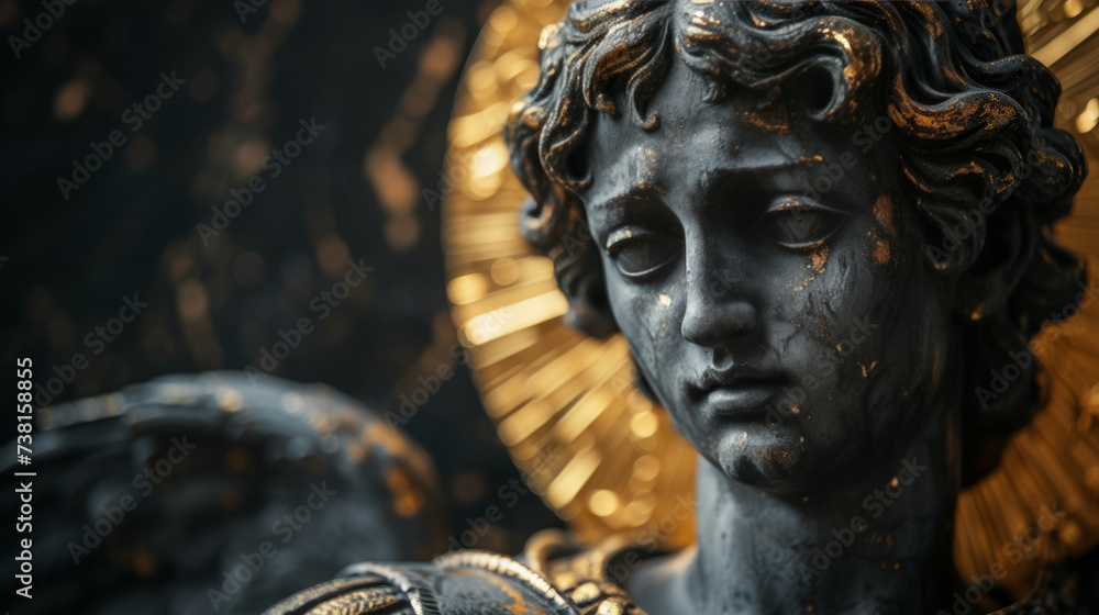 Fototapeta premium realistic statue of a Saint Michael in black glossy marble with refined details and golden halo