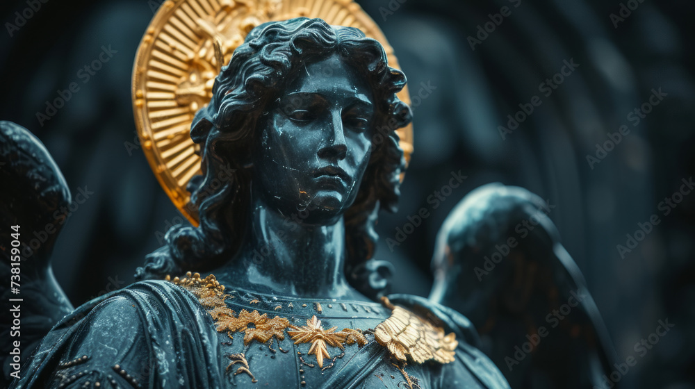 Fototapeta premium realistic statue of a Saint Michael in black glossy marble with refined details and golden halo