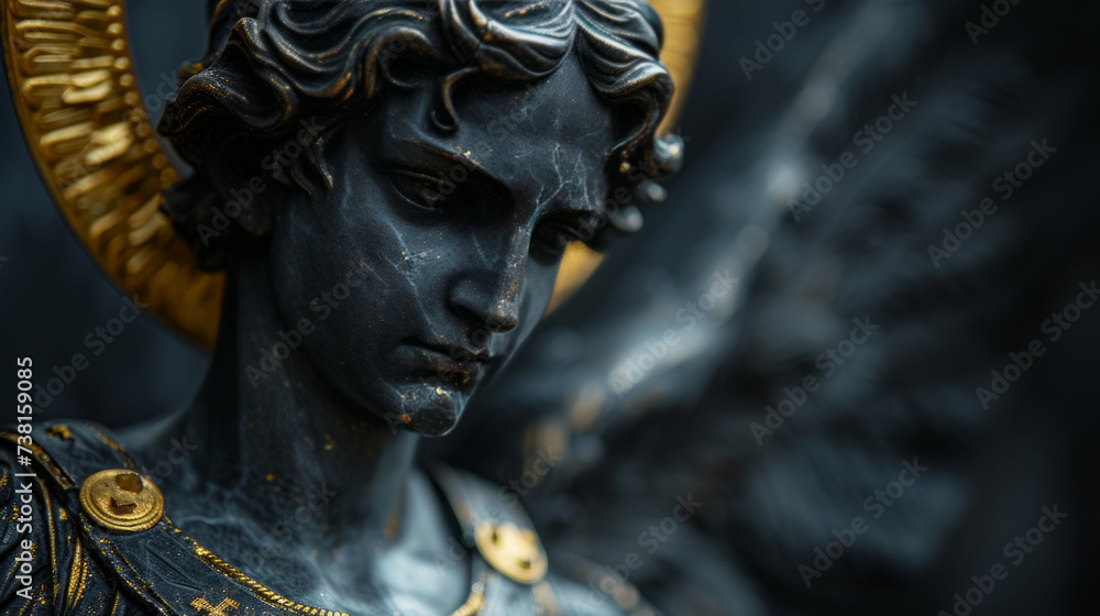 Obraz premium realistic statue of a Saint Michael in black glossy marble with refined details and golden halo