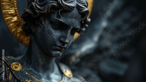 realistic statue of a Saint Michael in black glossy marble with refined details and golden halo