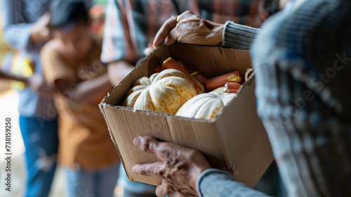 A close-up of a social worker's hands passing a box of food to a needy family, depicting compassion and assistance, Social work, dynamic and dramatic compositions, with copy space photo