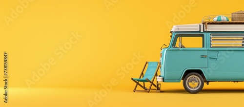 Small hippie blue minivan on a sunny summer day with a sunbathing chair. Summer holiday concept at sea or ocean 