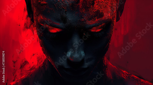Banner in the style of dark black and red. Human faces in art style.