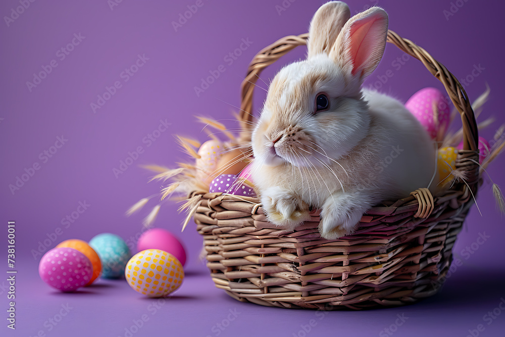 concept of easter, a white fluffy easter bunny sitting in a basket with colorful eggs on a purple or violet background, slightly offset from the center, and empty space on the side concept of easter, a white fluffy easter bunny sitting in a basket with colorful eggs on a purple or violet background, slightly offset from the center, and empty space on the side