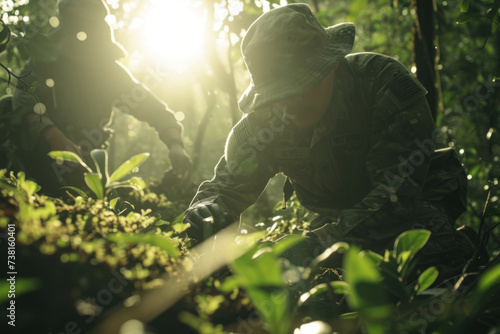 Jungle Recon: Soldiers on Stealth Mission in Dense Forest at Sunrise