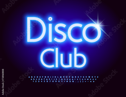  Vector trendy Poster Disco Club. Bright Neon Font. Blue Glowing Alphabet Letters and Numbers set.