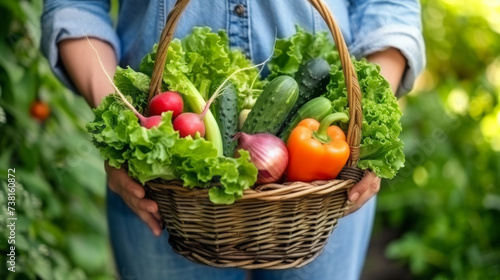 person holding a wicker basket full of fresh vegetables with a garden in the background.
