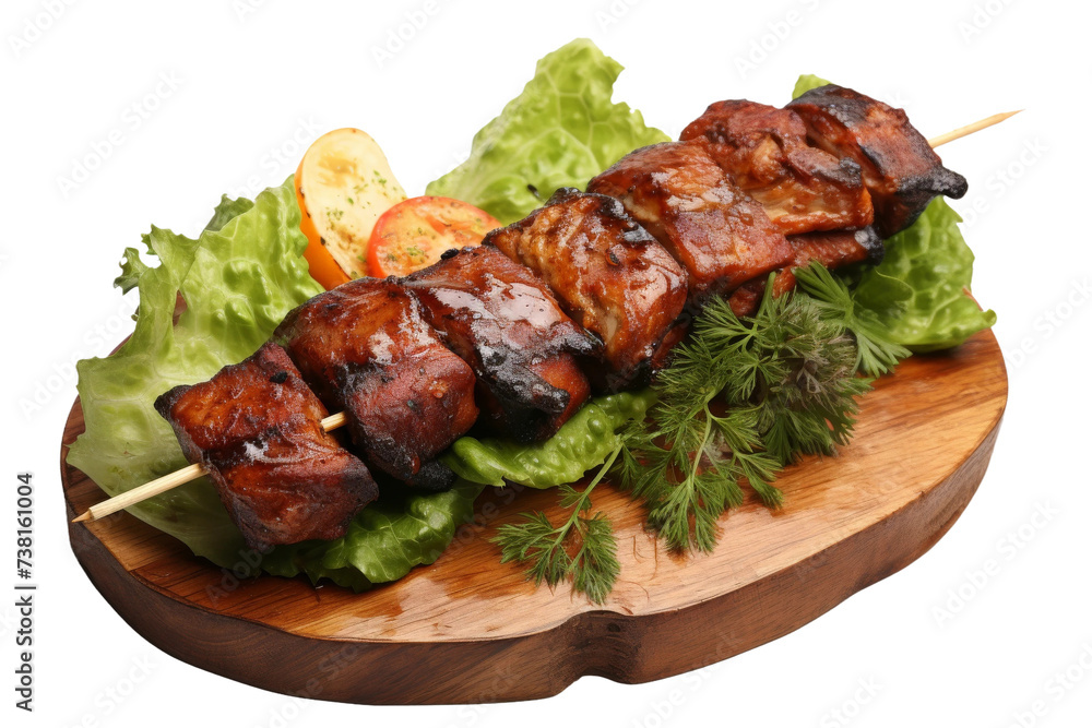 Close Up of Skewer of Food on Wooden Board. A detailed view of a single skewer filled with delicious food placed on a rustic wooden board.