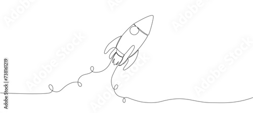 One continuous editable line drawing of a retro spaceship flying upwards. Rocket of a spaceship being launched into space. Single line drawing vector graphic illustration.