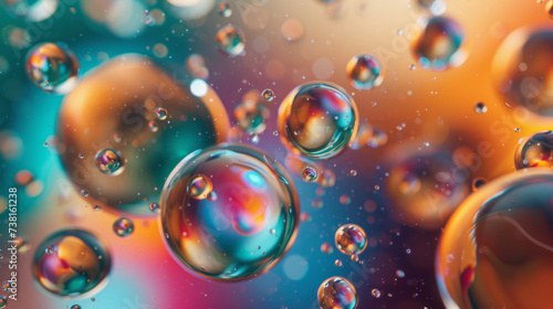 A close-up of translucent bubbles floating in a colorful space with a bokeh light effect creating a dreamy and ethereal abstract background.