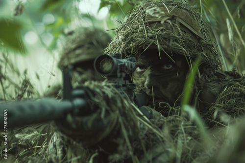 Stealth Mode  Sniper in Ghillie Suit Aiming Through Scope in Dense Foliage