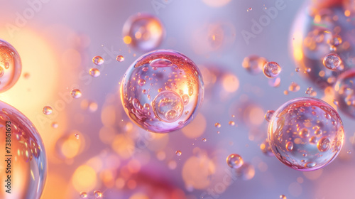 A close-up of translucent bubbles floating in a colorful space with a bokeh light effect creating a dreamy and ethereal abstract background. © MP Studio