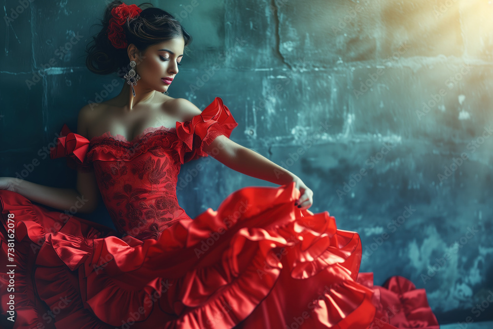 Scarlet Elegance: Young Woman in a Flamboyant Red Ball Gown with Dramatic Lighting - obrazy, fototapety, plakaty 