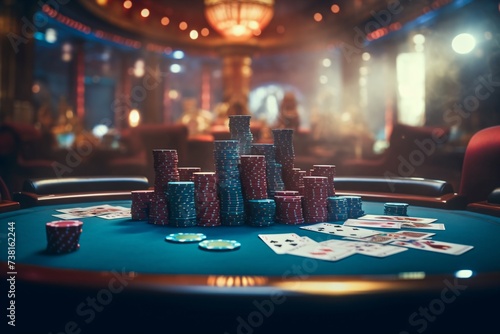 A casino table for poker or blackjack with stack of chips photo