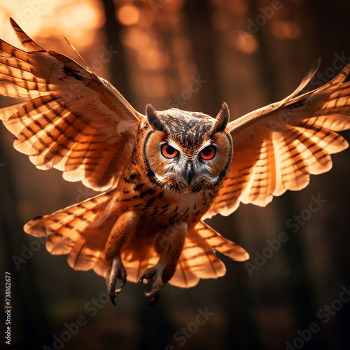 Illustration of a great falcon owl in flight, golden light style, naturalistic images of flora and fauna, characteristic animal portraits. Predator birds. photo